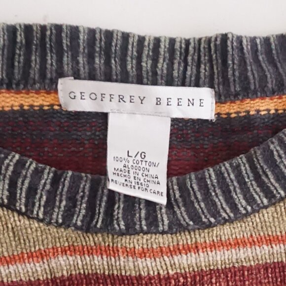 Geoffrey Beene Green Orange Striped Biggie Eclectic 100% Cotton Knit Sweater L - Picture 9 of 9